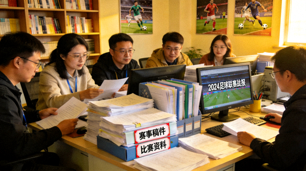 体育资讯编辑部整理赛事稿件与比赛资料的场景